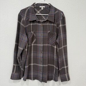 Maurices Womens XL Plaid Button Down Shirt Grey Blue Long Sleeve Western Yoke